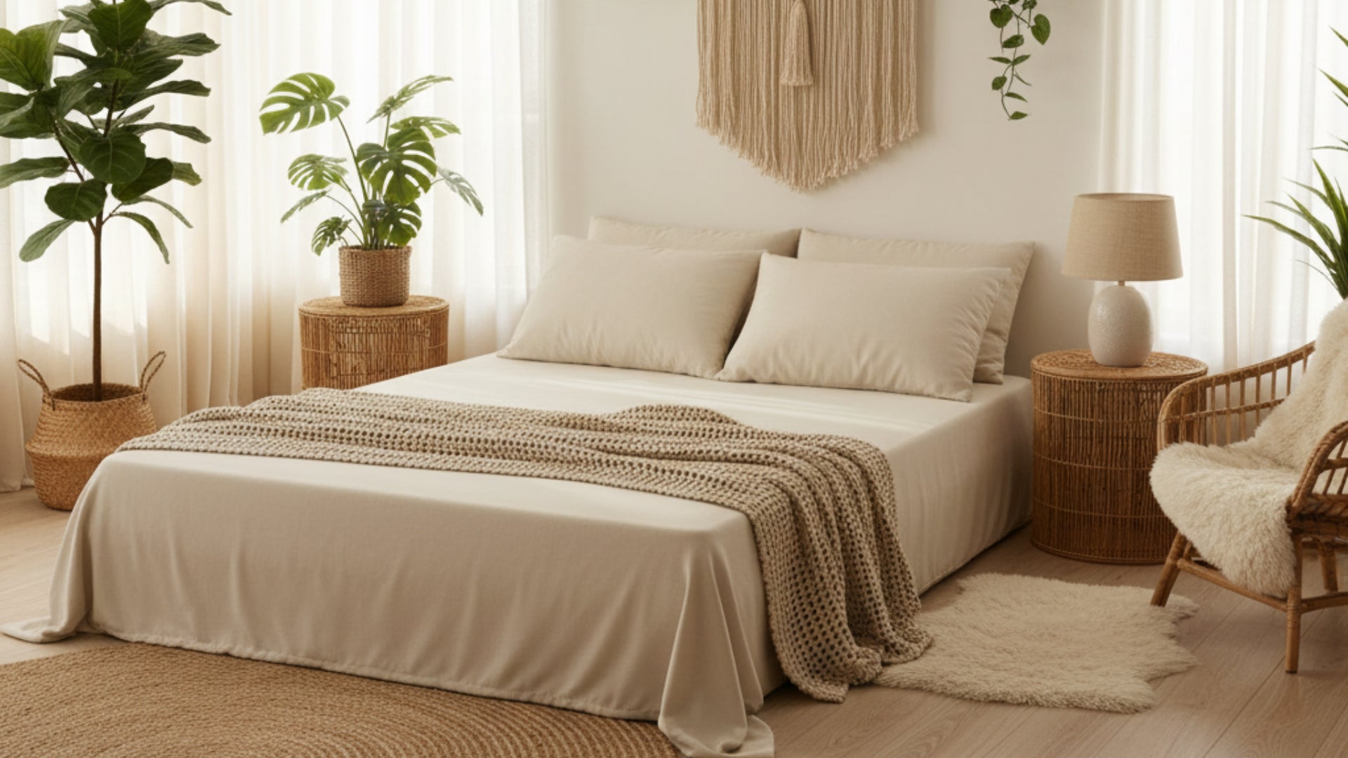 Neatly made bed in a bedroom with plants and decor